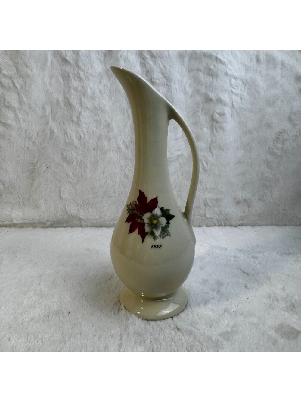 Vintage 1982 Christmas Poinsettia Porcelain Pitcher Bud Vase Paden City Artware